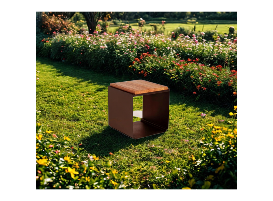 Tabouret OnFire en Corten avec assise en bois